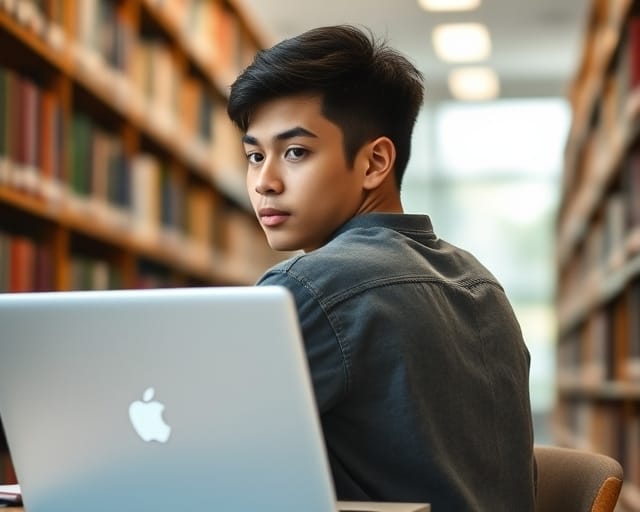 Student completing an online visa application on a laptop in a university library