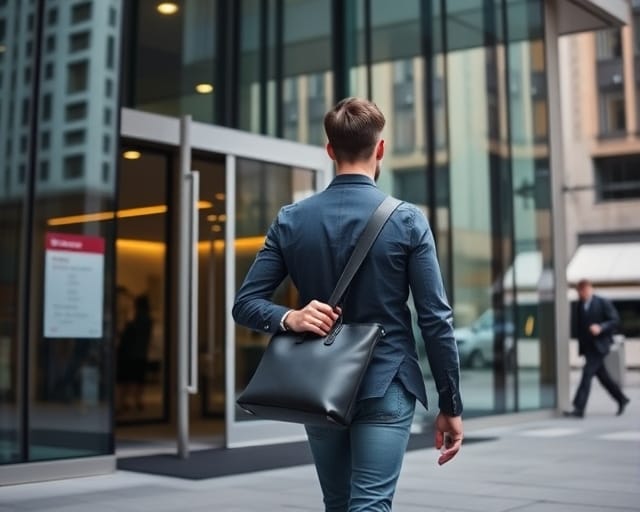 Graduate walking into a UK office building for a first day of work
