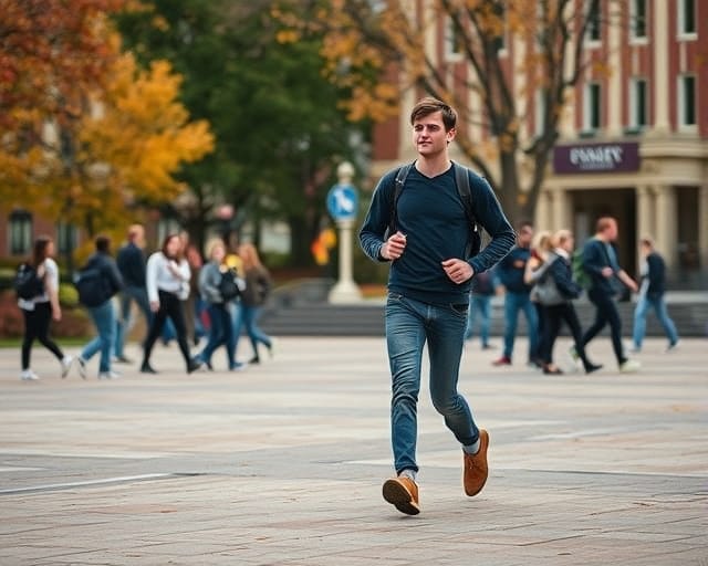 Student walking across a university campus quad during term