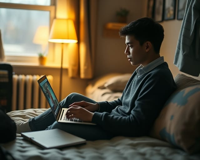 Student on a video call with an academic advisor from their dorm room