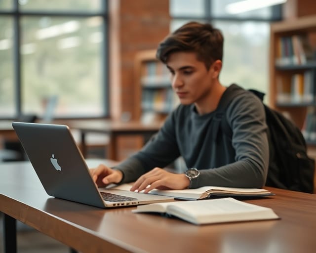 International student studying at a library table between work shifts