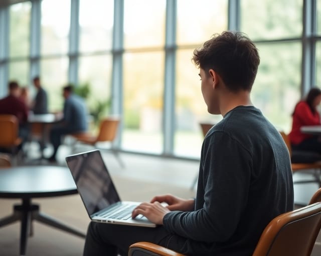 Student working at a laptop in a university study lounge