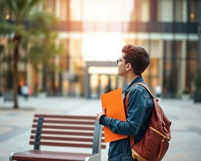 Student waiting outside a modern building holding a document folder