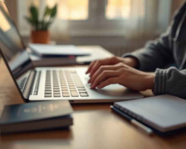 Student typing on a laptop at a desk with a passport nearby
