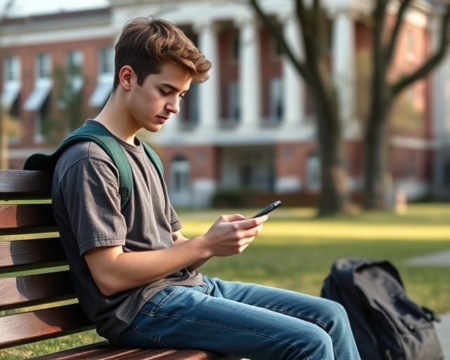 Student sitting on a campus bench checking their phone