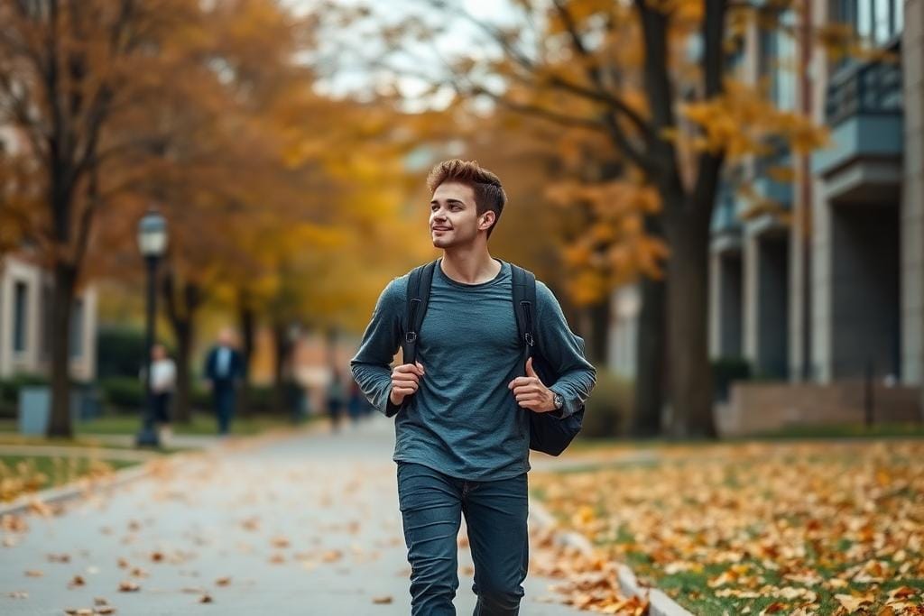 International student walking on a Canadian university campus after arrival