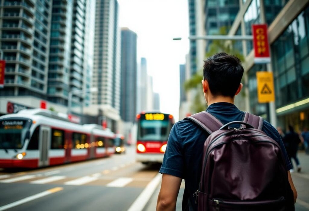 International student walking through downtown Toronto near apartment towers