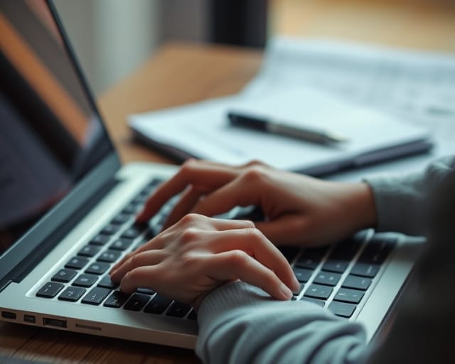Close-up of hands typing on a laptop with paperwork blurred in the background
