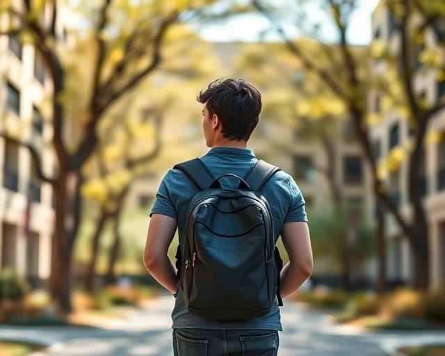 Student walking across a university campus courtyard