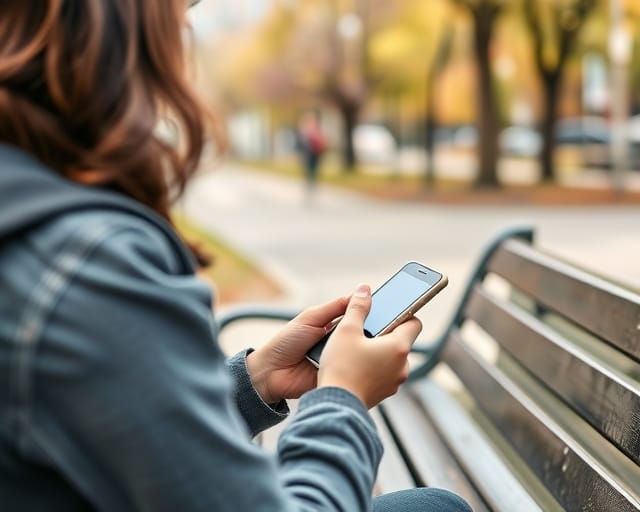 Student checking a banking app on a park bench