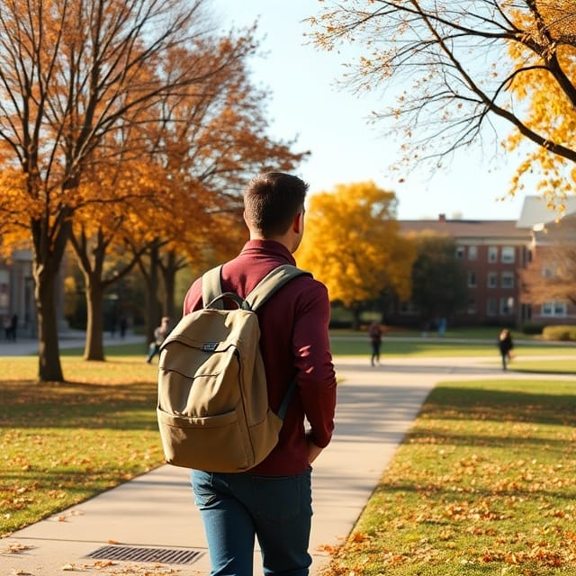International student walking across a US university campus quad in autumn