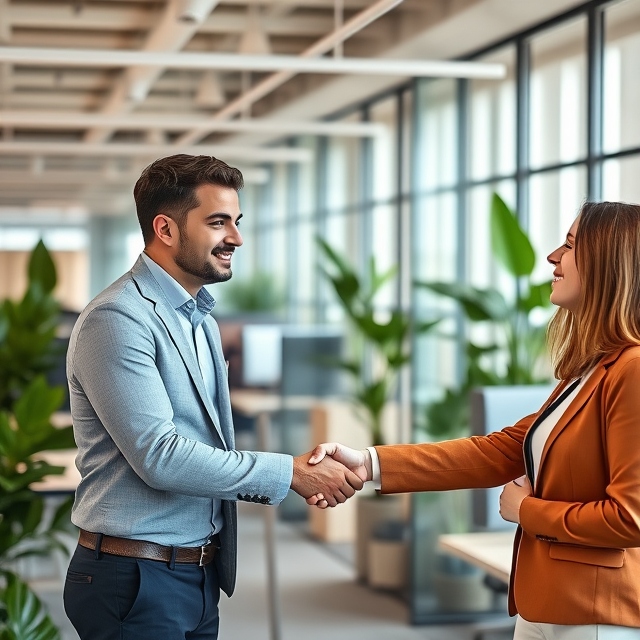 Two professionals shaking hands in a German coworking office after a job offer